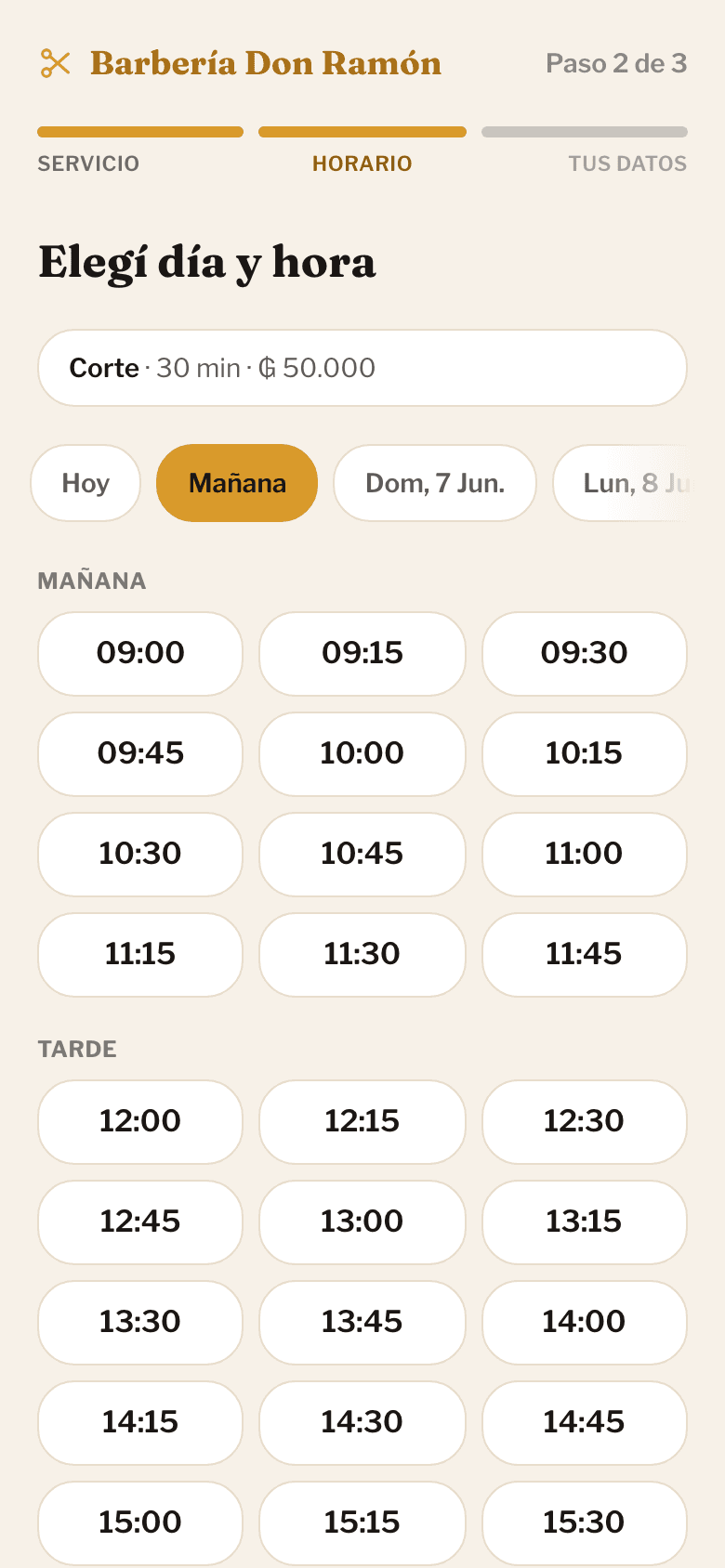 Pantalla de reserva del cliente eligiendo día y hora